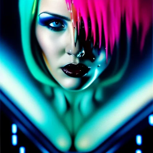 portrait oil on canvas, beautiful punk busty female Cyborg, looking to viewer, sad green eyes, post-apocalyptic in a cyberpunk city,minimal skintight suit, blade runner, comic book cover, mystical colors, CYAN, neon, insanely detailed,realistic,intrincate detail, 16k resolution, masterpiece, Adam hughes