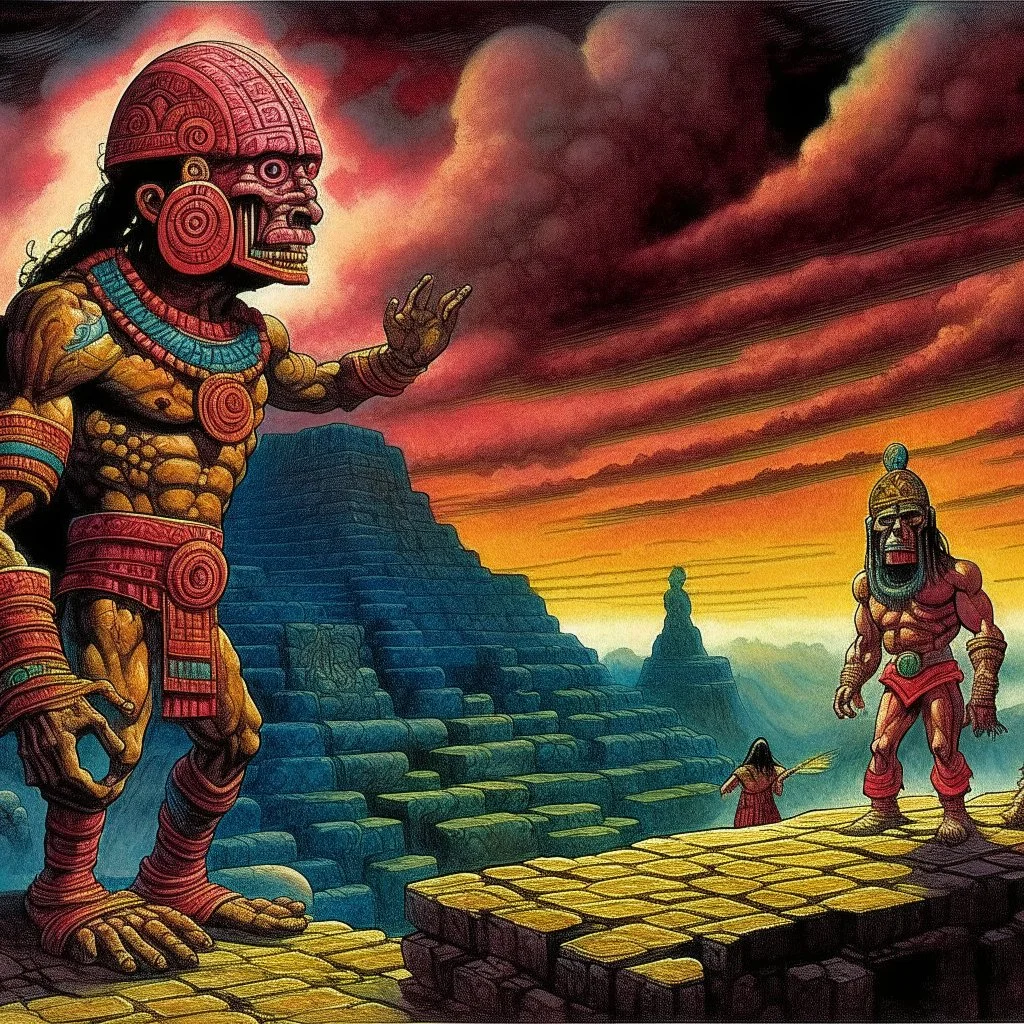 Mayan Death Whistle calling the ancient Mayan gods, expansive psychedelic hellish panorama, (no text) movie Poster art, color waterolor and pen illustration, sinister, concept art, oddball masterpiece, complex contrast, dynamic composition, rule of thirds, by Michael Whelan