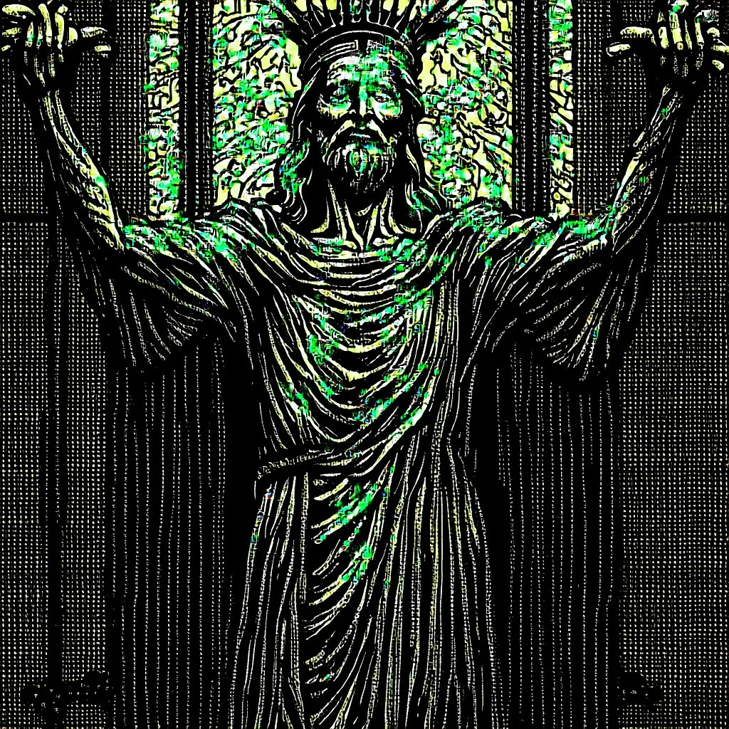 crucified christ liberty hybrid tone, woodcut, engraved, wall street journal style, statue of cruicified Jesus of Liberty with a beard and wearing a cross and hanging from a cross, The statue male, hyperdetailed intricately detailed photoillustration ink drawing dystopian 8k resolution entire body of the statue is in the picture. digital illustration telephoto lens photography , same colors as the us treasury's one dollar bill, crucified"