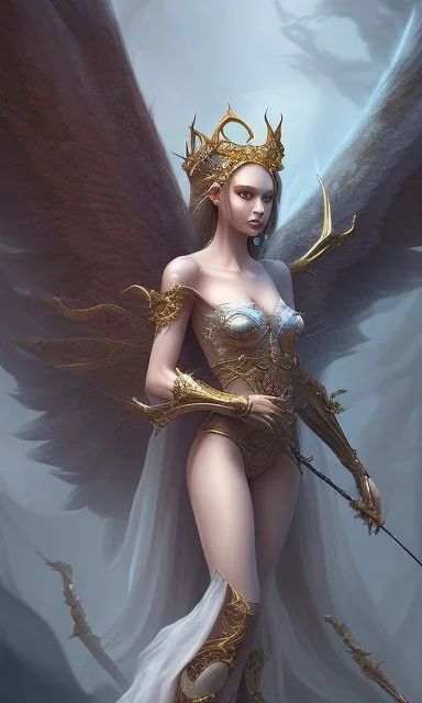 Female angel with beautiful perfect face big wings and golden crown floating above the ground in the dark enviroment, anatomically correct, michelangelo style, detailed, world of warcraft style, dark forest, trees, painting, brush strokes, 8k, dark forest in the background, dramatic camera view