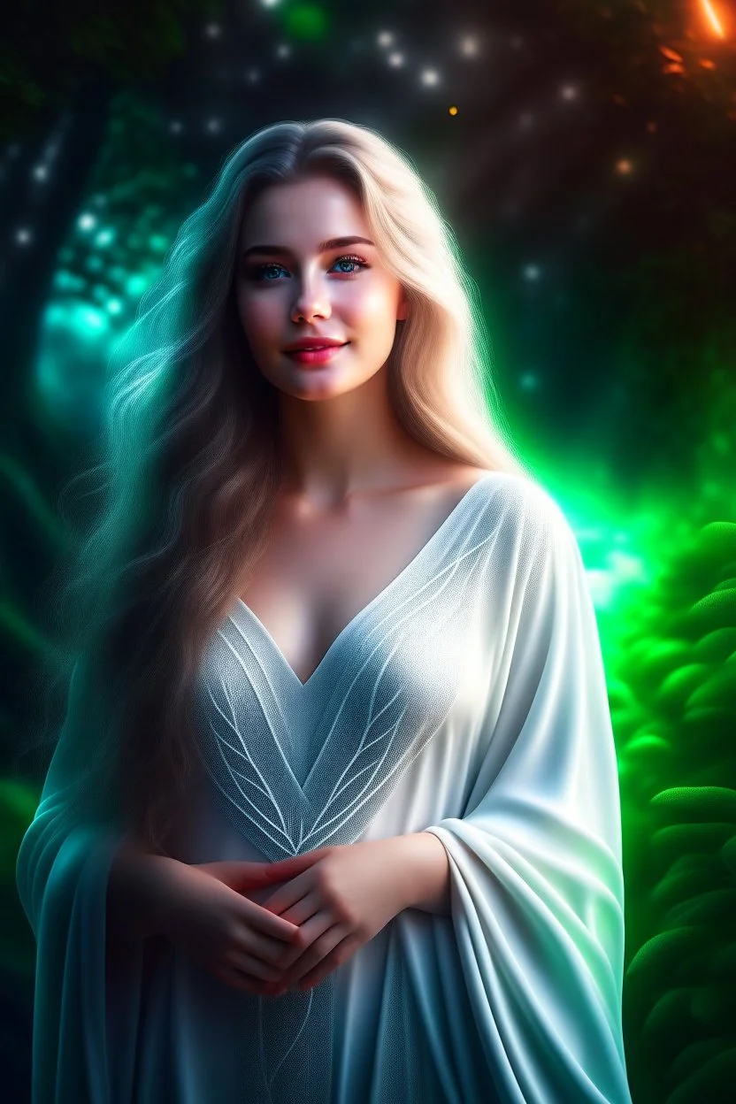 Realistic digital art, full body portrait, ethereal, mature, beautiful and attractive young Norwegian, cute nose, brown hair and white hair, long wavy braided hair, full lips, sweet smile, light natural makeup, wearing a white wrap dress, Nordic patterns, long wavy hair, malachite colored eyes, digital art, masterpiece, trending on artstation, volumetric lighting, triadic color,April, Summer Fashion, smooth soft skin, curly hair, detailed eyes, detailed face, looking into camera, intricate, summ