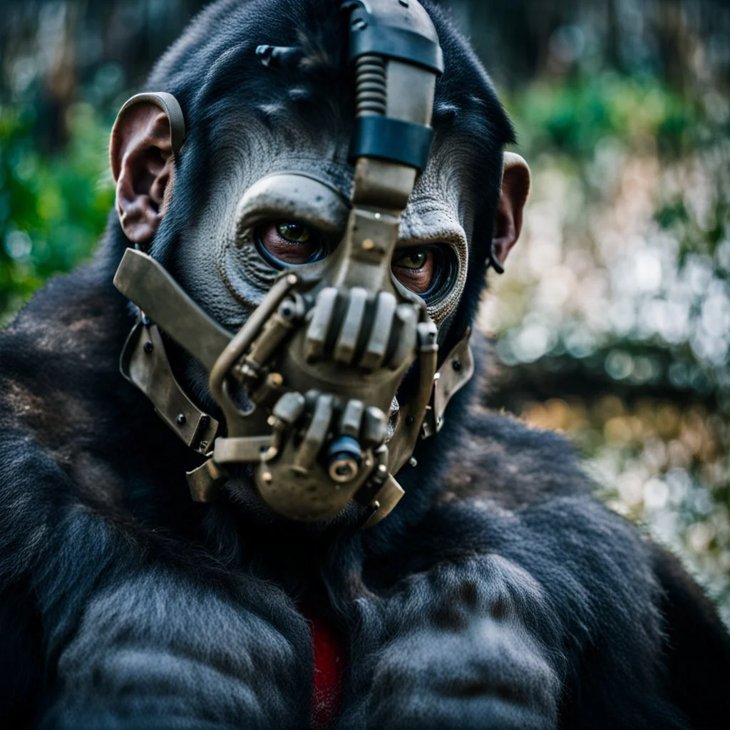 Nature photography, Cyborg Ape, breathing device, gas mask, respirator Christopher Nolan, Dystopian, Extreme depth of field, bokeh blur, Alberta, all-natural, in the style of candid, imperfection, natural lighting, Fuji Film, Anamorphic lens