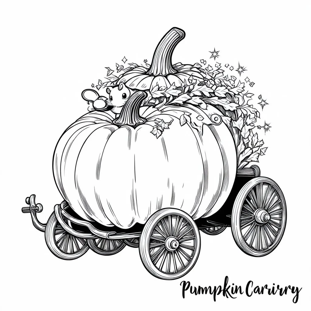 Make black and white cute drawing of a Pumpkin Carriage with black bold lines. Only outline, no grayscale. A large, glowing pumpkin transformed into a whimsical carriage with wheels made of vines and a golden roof. Include a cute mouse driver or magical sparkles surrounding the carriage.