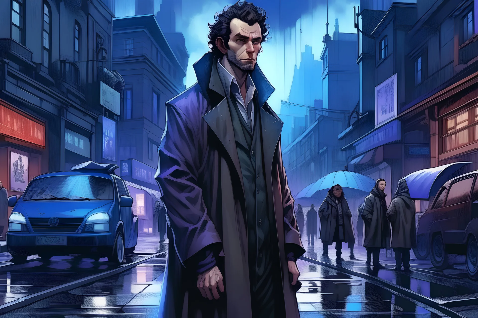 Russian poet Alexander Pushkin with huge sideburns and in leather cloak stands in the middle of the street after rain. Pushkin occupies about 5 percent of the whole image, he is small, and around the sky are big buildings, the whole entourage is in hard cyberpunk style, lilac and blue colors. The street is full of advertising signs in Asian languages, something in the style of Cyberpunk game and Blade runner movie