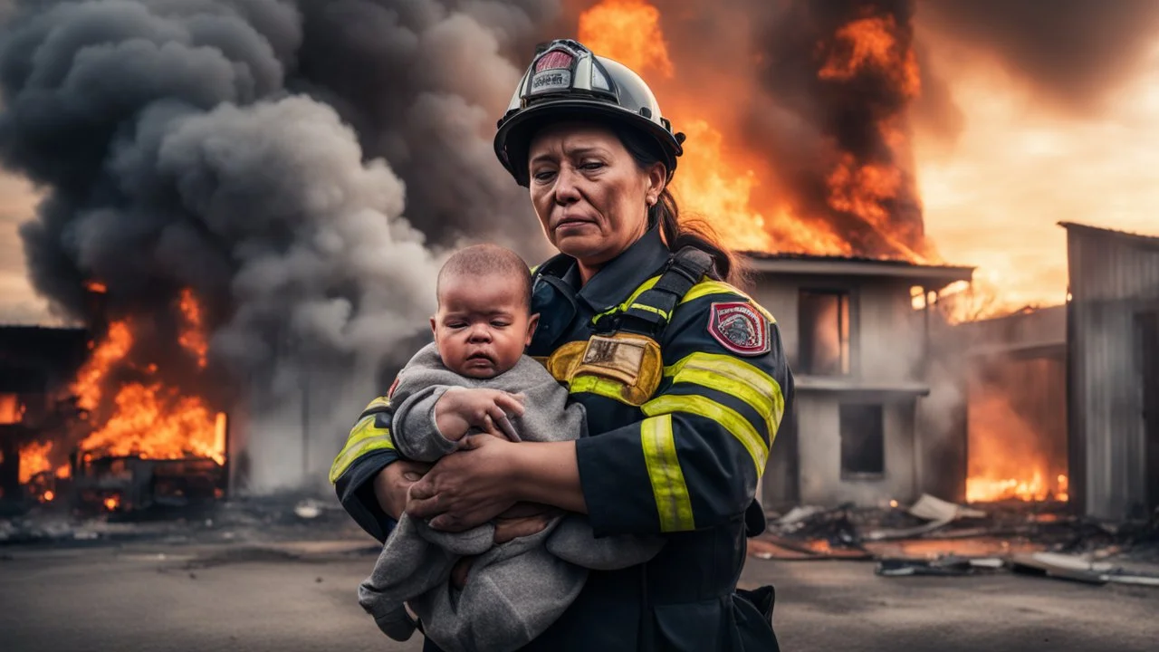 Hyper Realistic Photographic-Close-view of a firefighter-mother with her uniform carrying-protectively-her-crying-baby outside her burning-home with cloudy-sunset-behind showing dramatic & cinematic ambiance