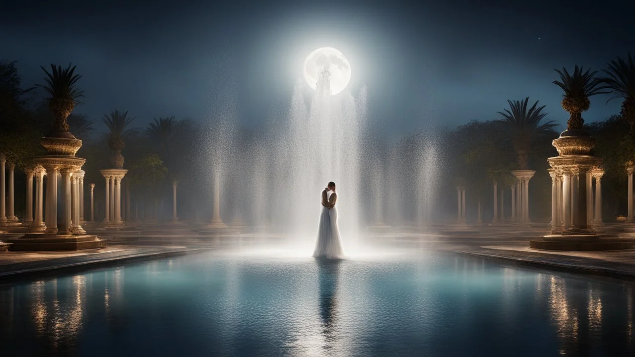 moonlight, sparkling fountains, recreation, relaxation, luxury, magnificent, showers, glistening water spray, people, dream world, calm beauty, symmetry, fantasy world, magic, splendor, uplifting, inspiring, therapeutic, chiaroscuro, color, award-winning colour photograph, beautiful composition, exquisite detail, Nikon 135mm