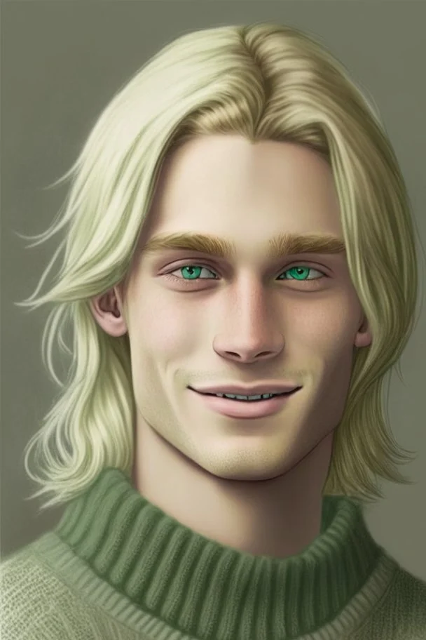 Realistic young man, longish blond hair, droopy green eyes, angular facial feature, grey sweater, white skin, gentle smile