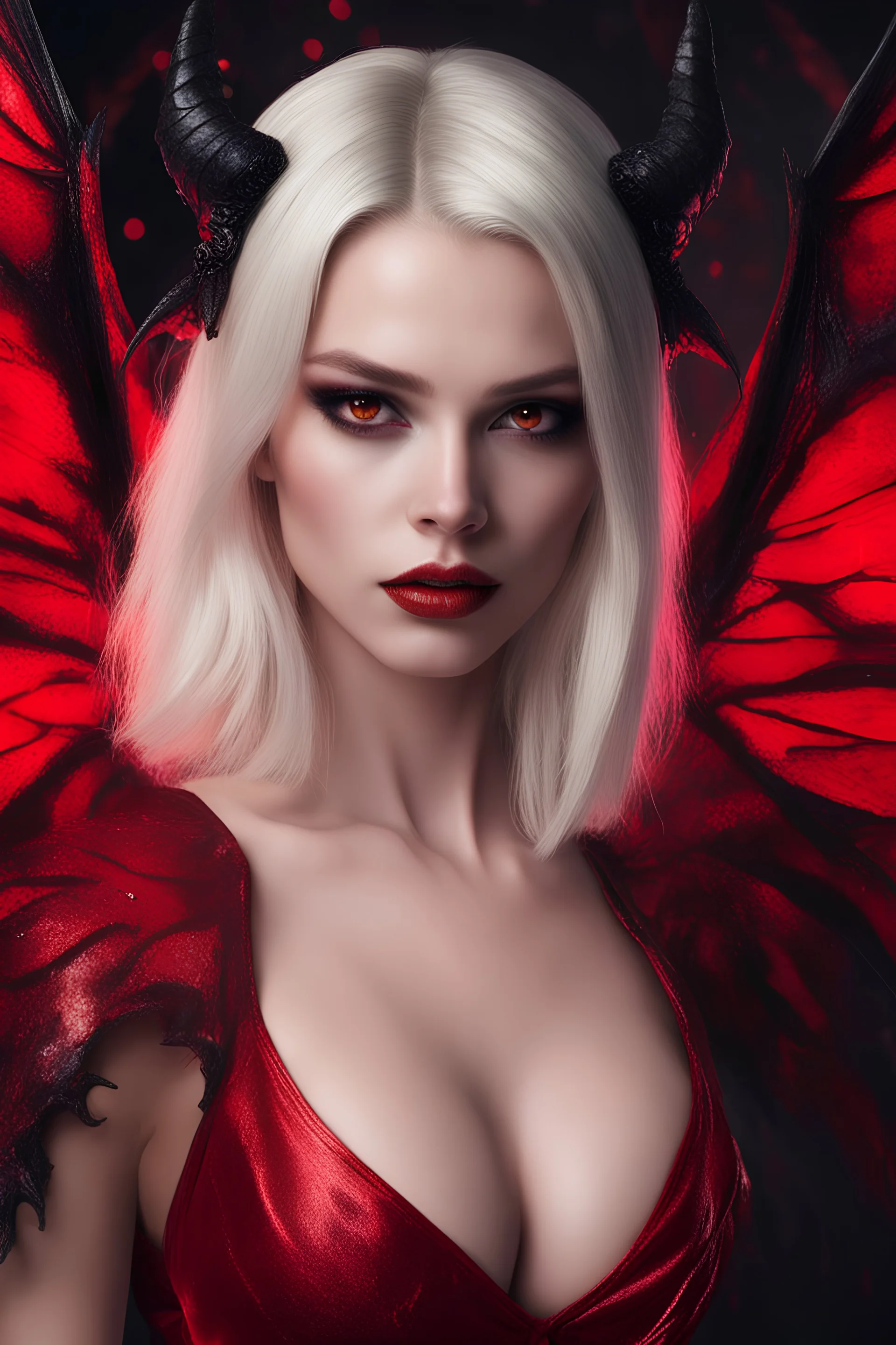 demon succubus female, normal ears, red eyes, super model, head to hip shot , 20 years old, platinum blonde shoulder length hair,dark fleshy wing, wearing red dress, realism, realistic, 8k, party background