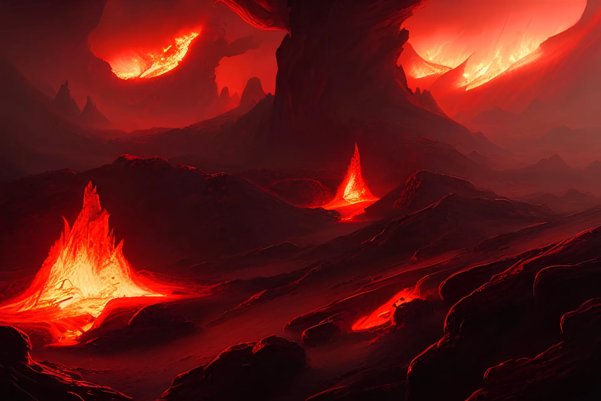 intricate details, Extradimensional, Underdimensional, greg rutkowski style, tom bradshaw style, Asher Brown Durand style, fantasy hellscape hell fire lava volcano raining fire