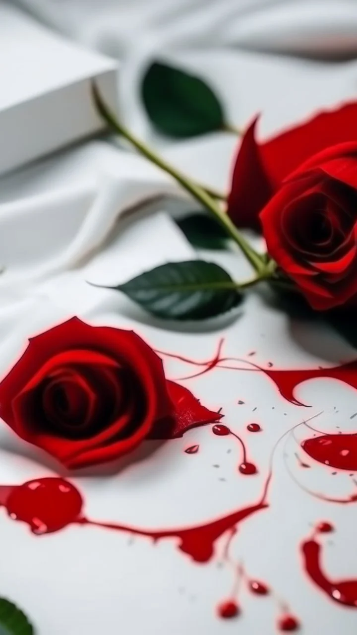 blonde hair strands cuts . white fabric background. measuring tape .drops of blood.red rose. red envlope .cinematic