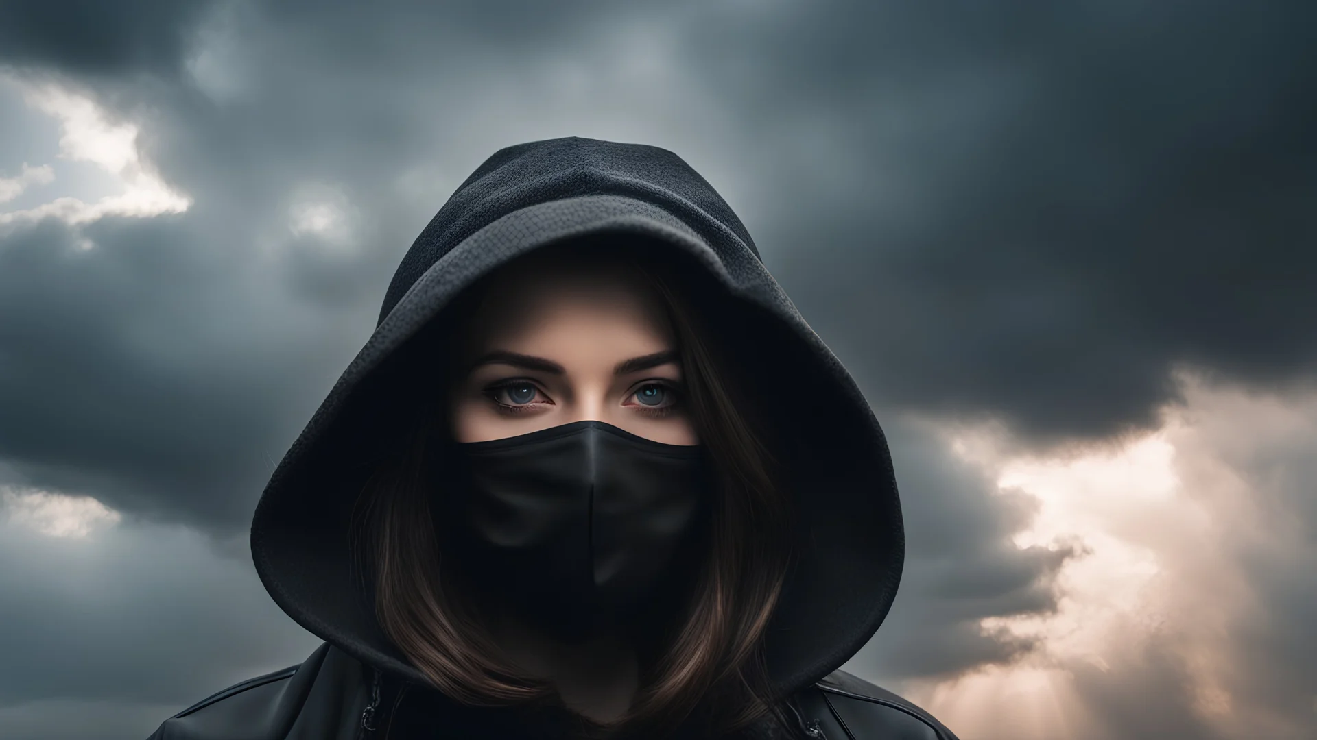 A Woman In A Black Protective Mask Hat Dark Cap And A Hood Against A Dramatic Sky The Concept Of Impending Danger Epidemic Pandemic Apocalypse. Women only left side