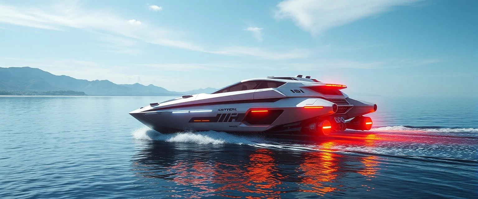 cybertruck katamaran boat spaceship hovering over water