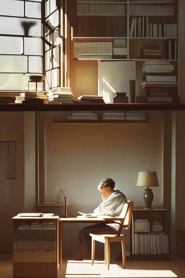 [character: Wittgenstein reading at a desk] In the quiet solitude of Ludwig Wittgenstein's study, the morning light gently caressed the contours of the room, casting a soft radiance upon the weathered desk at its center. But what drew the eye most profoundly was the figure of Wittgenstein himself, sitting with an air of contemplation and intensity that seemed to transcend time. His face, etched with lines that spoke of a lifetime of deep thought and introspection, held a certain enigmatic allur