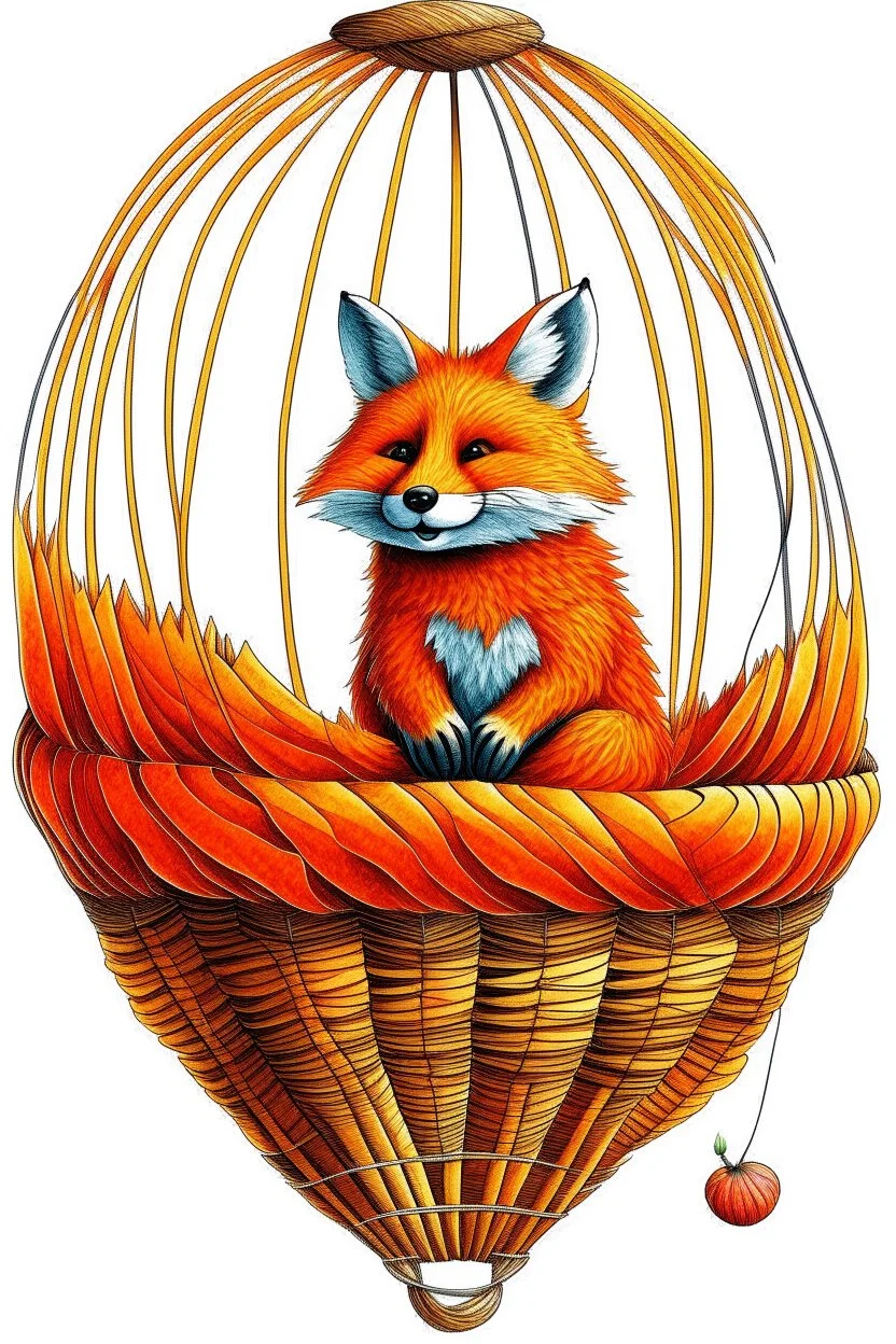 Color illustration of a ultra photo realistic happy red fox sitting inside a detailed wicker basket which is hanging below a perfect round orange colored hot air ballon on a white backgound, the fox is not inside the ballon, you can see the fox's tail, nothing should be hanging from the basket, full image of hot air ballon, every element; fox, wicker basket, ballon should be in proportion to one another, in the background you can see the leaning tower of Piza