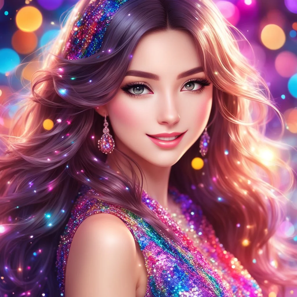 Beautiful anime girl with a dress fully covered with many colorful sequins, front view, beautiful anime portrait, realistic anime face, long shiny hair, glowing eyes, beautiful face, rosy cheeks, red lips, smile, colorful bokeh sparkles in the background, gorgeous, detailed, correct face structure, correct anatomy