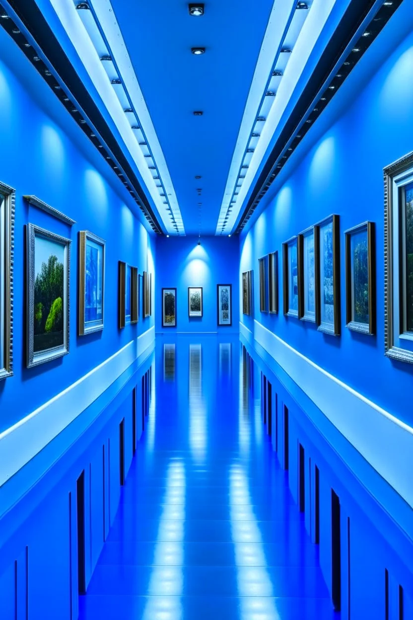 A museum of paintings with blue walls and a white floor