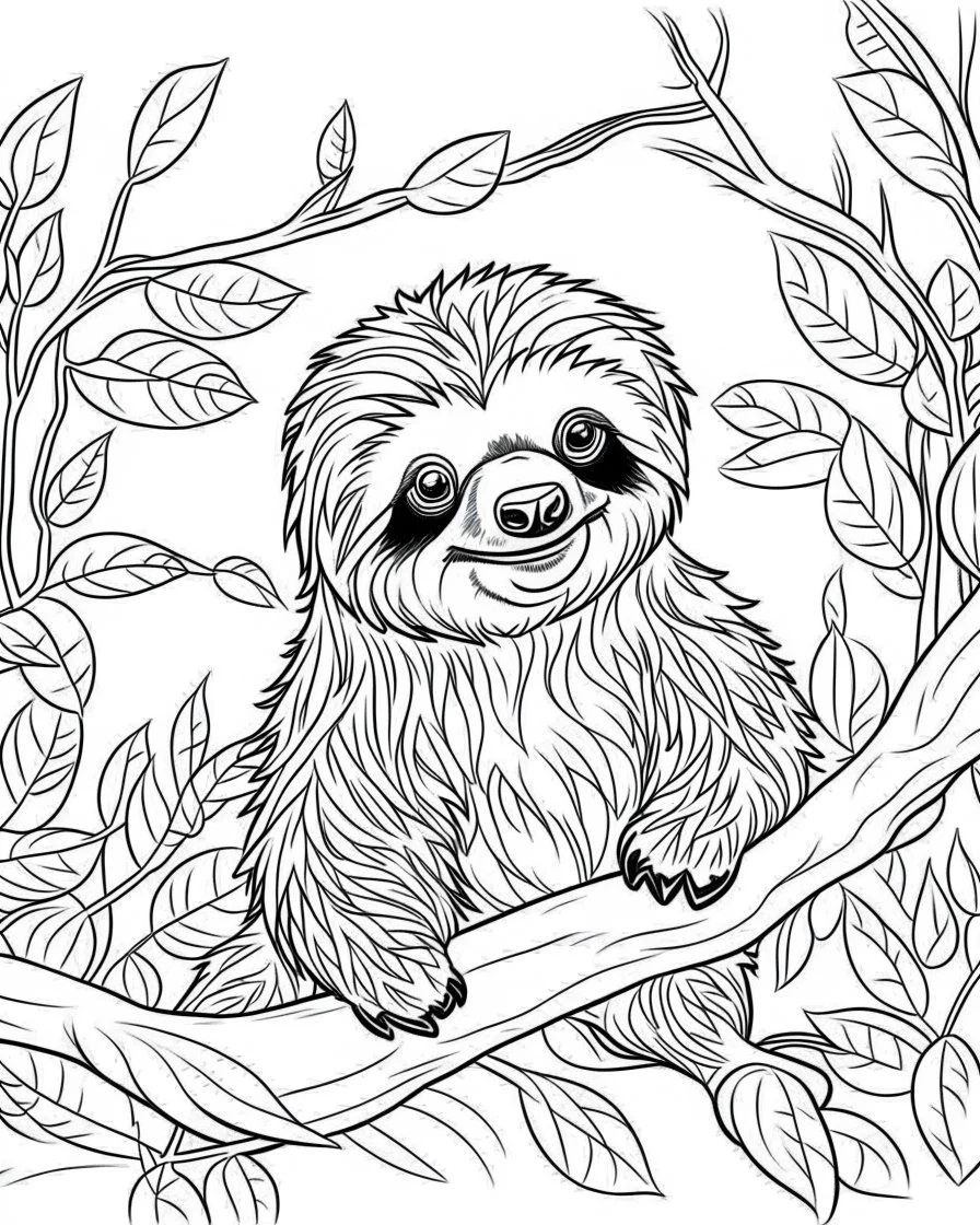 create a 2d black outline, "safari smiling cartoon sloth on a branch coloring book for kids", coloring page, low details design, black contour, coloring page design, simple background, colorful , card style, coloring page for kids, white background, sketch style, safari landscape, cartoon style