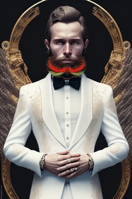 8K, a Highly detailed stunning portrait of Dom man with a kneeling submissive woman, white suit, beard, and short hair, bad boy