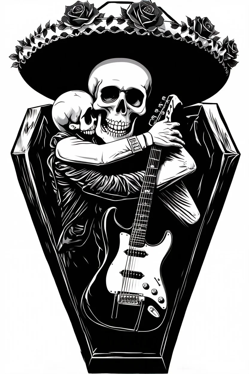 Skeleton wearing a sombrero, Hugging a guitar in a Coffin, black roses as decoration, black and white graphic art
