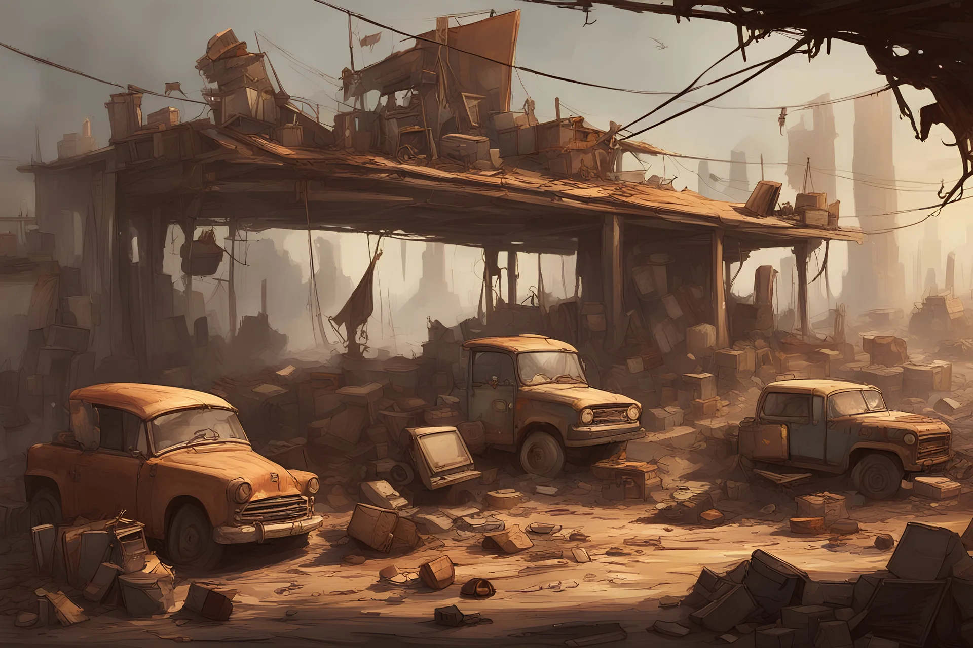 Concept art,Post-apocalyptic trade full of objects, cheerful atmosphere