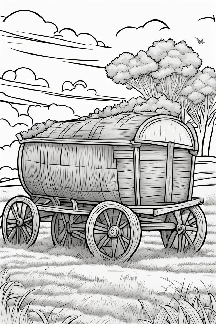 coloring page, hay wagon, cartoon style, thick lines, low detail, no shading