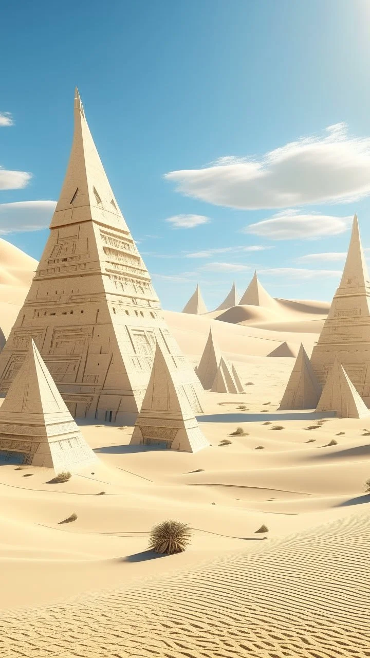 A beige futuristic desert with pyramids designed in ancient Egyptian architectures and sculptures painted by the Limbourg brothers
