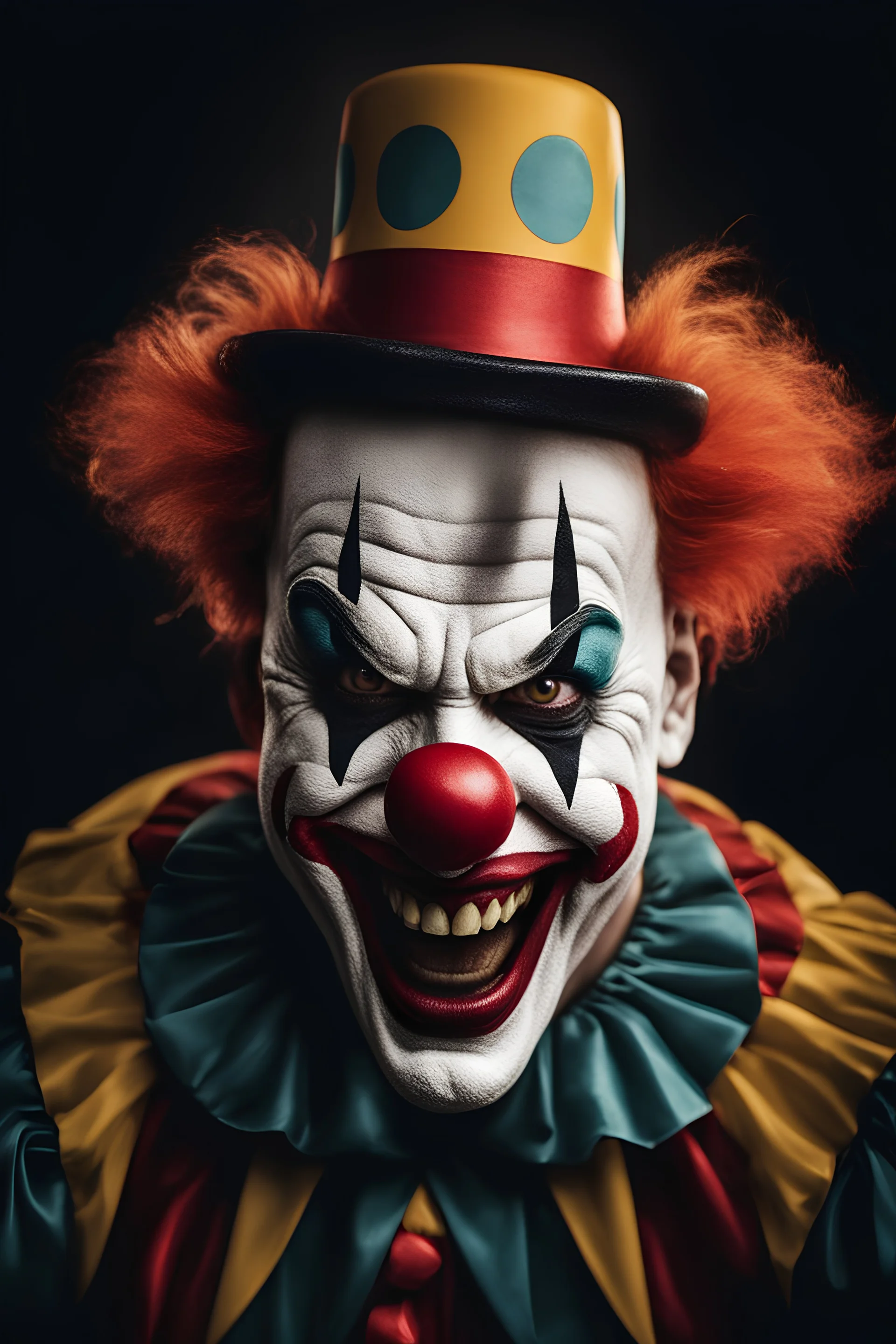 creepy clown angry laughing, dark theme, soothing tones, muted colors, high contrast