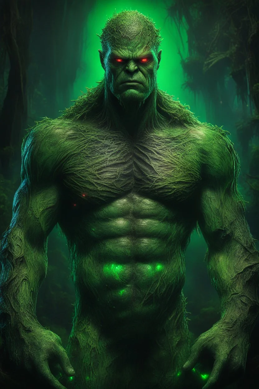 The swamp thing , swamp, colored lights, green symbols, green tattoo, 8k, high quality, hyperrealism
