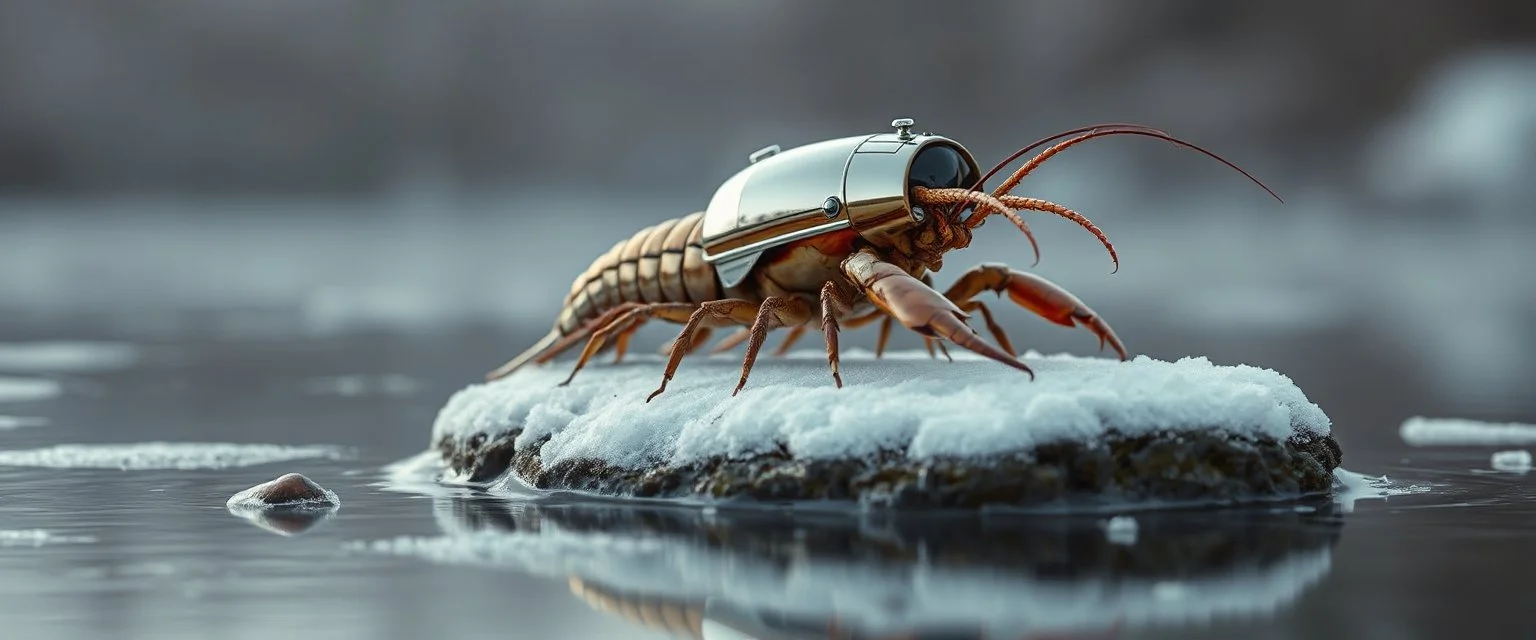 airbrush 3d rendering, close up chrome centipede lobster space ship on small frozen island in lake, pinhole cam, background motion blur