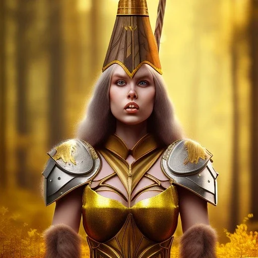 portrait cute female gladiator in gown and witch hat, in blurry golden forest