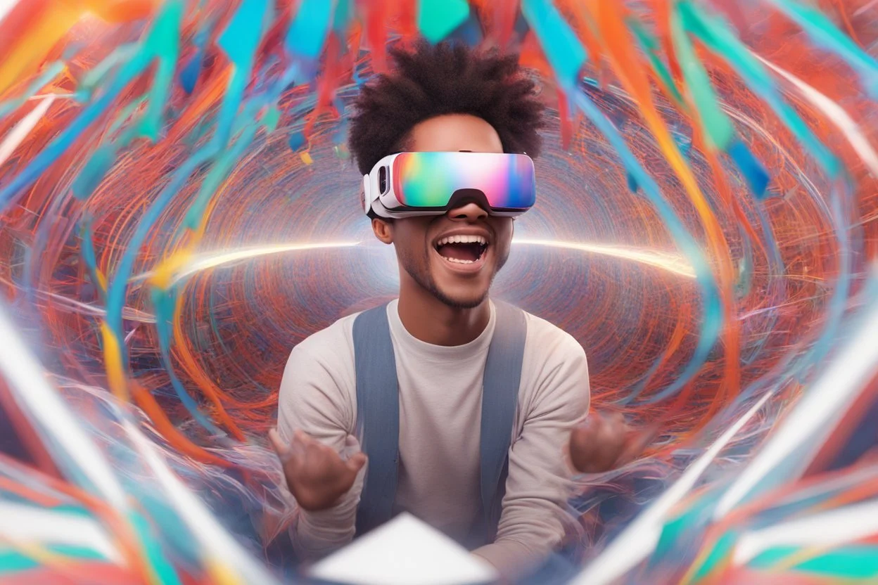 الصورة تعرض شابًا يرتدي نظارات الواقع الافتراضي وهو يستمتع بتجربة واقع افتراضي مذهلة. يظهر وجهه المبتسم وتعابير الدهشة في عينيه واضحة، حيث يبدو وكأنه مغمور في عالم ثلاثي الأبعاد مليء بالألوان والتفاصيل. تتدفق الأسلاك من النظارات على جانبي وجهه، مما يُظهر التفاصيل التكنولوجية المذهلة للجهاز. خلفه، يمكن رؤية أشكال هندسية ثلاثية الأبعاد وصور مجردة تطفو في الهواء، مما يعكس تجربة فريدة وغامرة للواقع الافتراضي. يتواجد شعار "مستقبل الواقع الافتراضي" بالزاوية السفلى اليمنى للصورة، يضفي لمسة إضافية من ال