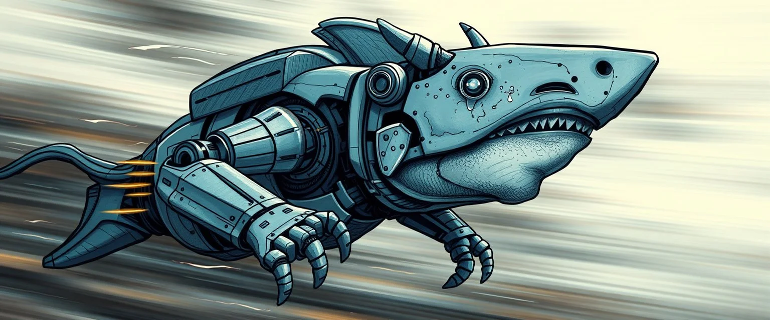 blind contour robot shark cow like space ship fighter jet massage master guru fast moving motion blur background