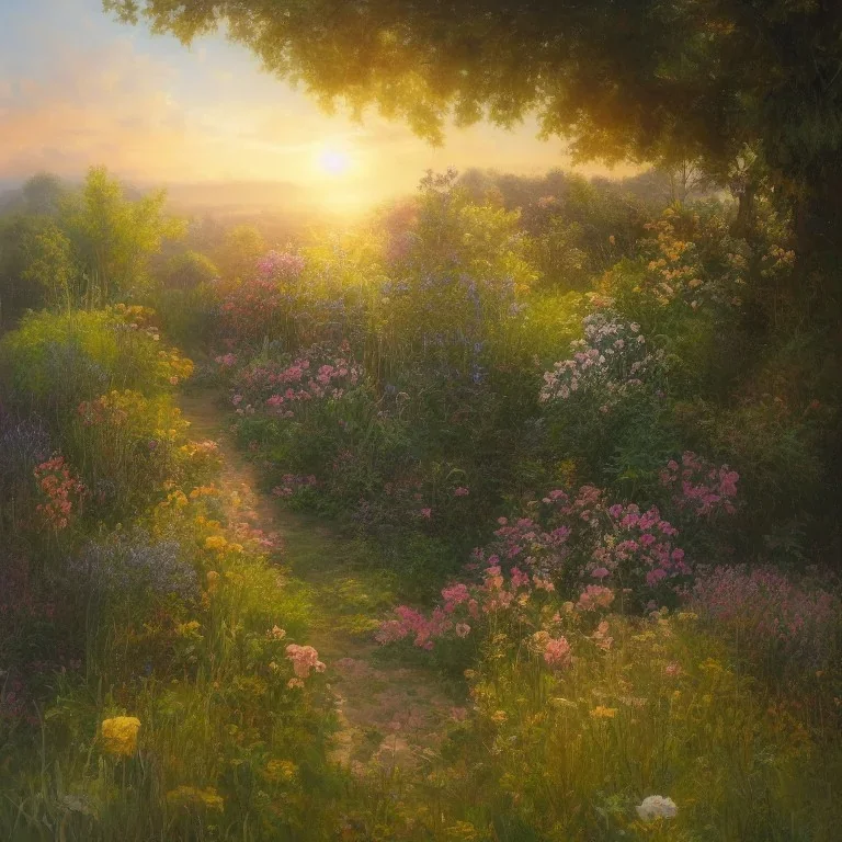 View of a beautiful sunset in the garden, oil on canvas, intricate, portrait, 8k highly professionally detailed, HDR, CGsociety, illustration painting by Mandy Jurgens and Małgorzata Kmiec and Dang My Linh and Lulu Chen and Alexis Franklin and Filip Hodas and Pascal Blanché and Bastien Lecouffe Deharme, detailed intricate ink illustration, heavenly atmosphere, detailed illustration, hd, 4k, digital art, overdetailed art, concept art, complementing colors, trending on artstation, Cgstudio