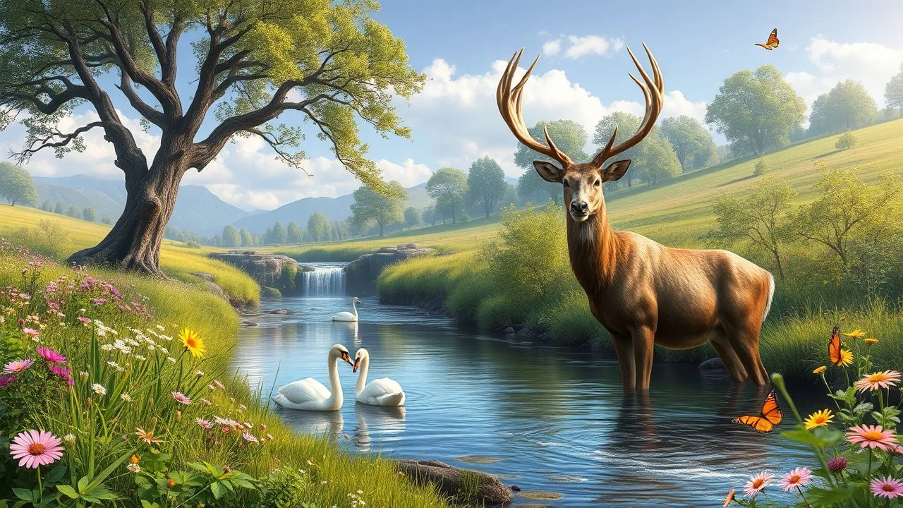 a beautiful river in country side with water falls and big tree,wild flowers and swans in river 2 pretty Deer with horns in plants,butterflies around flowers,heaven escape