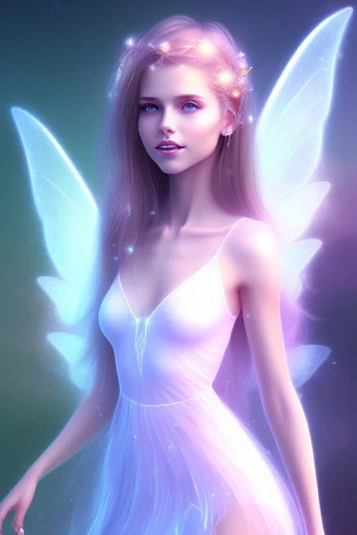 smiling girl, cute, beautiful, long hair, fairy wings, light pastel colors, bright, transparent dress, smile