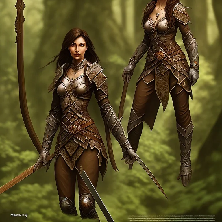 dungeons and dragons, female wood elf, druid, brown hair, brown eyes, full body, realistic face, short hair, large nose, closed mouth, leather armor, dark skin, one person