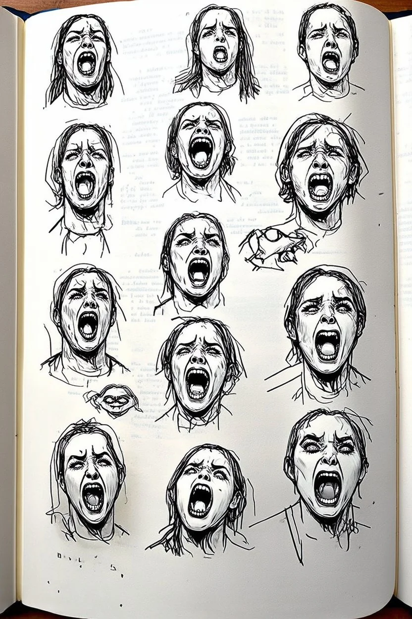 sketch line, rought, of many faces on a pages, screaming and sad, demented, mad, journal