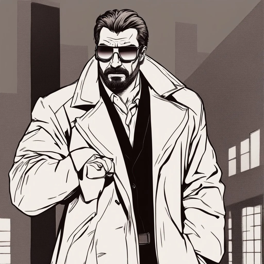 a young man with big muscles who looks like hans gruber wearing a heavy coat and red sunglasses staring with a disgusted look on his face