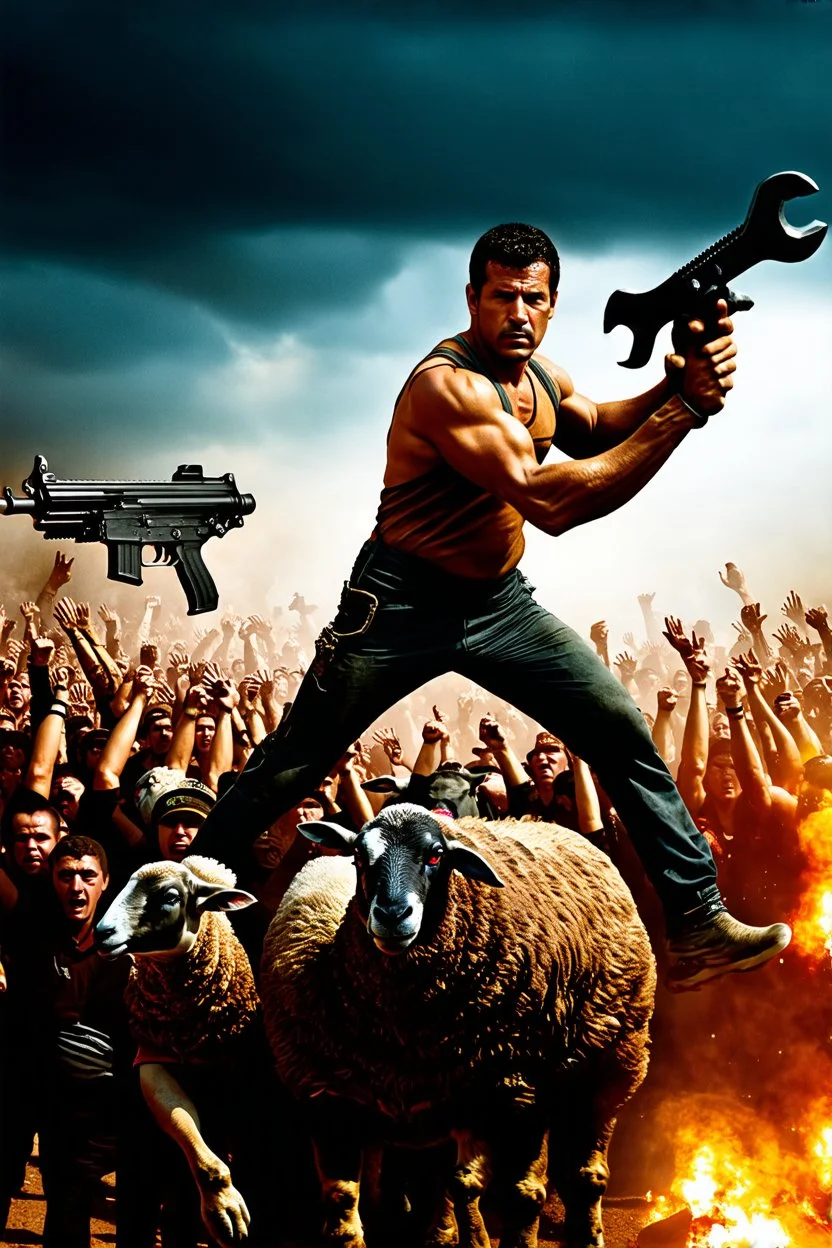 "Create a 90s-style action movie poster featuring a heroic mechanic battling thousands of people with a spanner. In the background, depict a sheep holding a machine gun. The scene should be intense and dynamic, capturing the high-energy and gritty aesthetic of classic 90s action films."