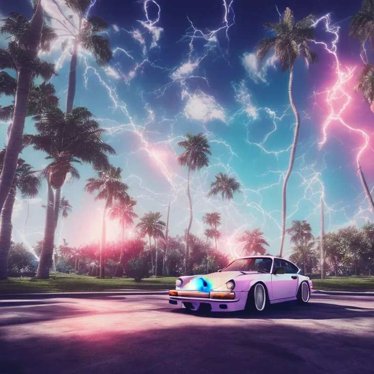 1980's aesthetic vaporwave palm trees and spheres and Porsche with lightning on fisheye filter