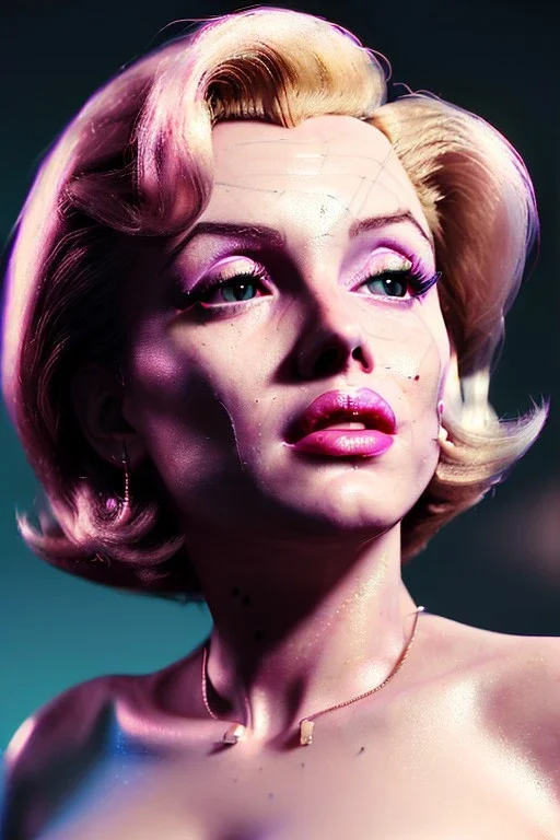 Ultra Realistic image, portrait, blonde woman, sweet Marylin Monroe face, perfect iris, glow eyes. Cyberpunk style. soft color, highly detailed, unreal engine 5, ray tracing, RTX, lumen lighting, ultra detail, volumetric lighting, 3d, finely drawn, high definition, high resolution.