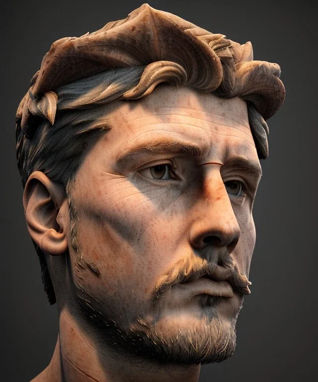 Gran angular, Realistic image, roman sculpture, marble deluxe material, Lionel Messi, gold Laurel leaves crown model, miguel angel style, chisel style, emperador, waist up portrait, cinematic lighting, God light, god rays, 4k resolution, smooth details, ornate details, soft lighting, unreal engine 5, soft cyan background.