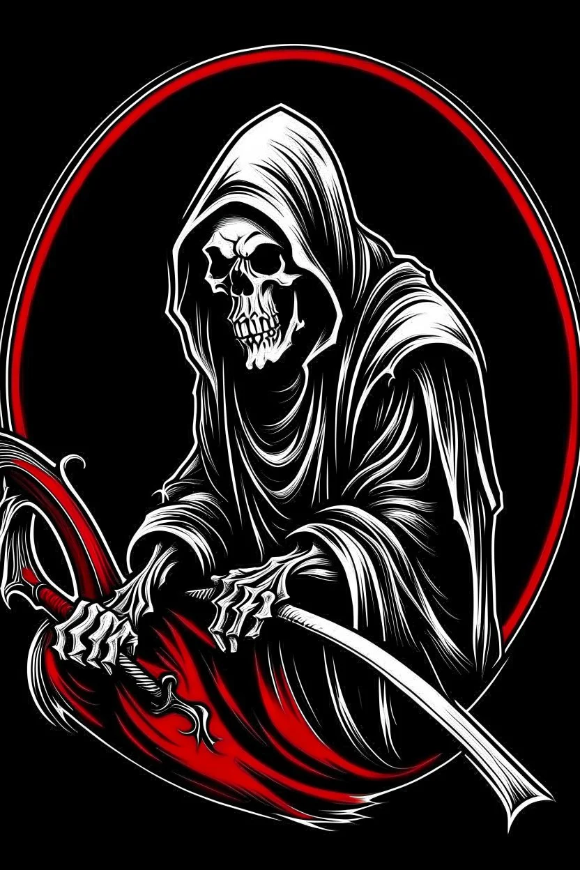 hooded Grim-Reaper gripping scythe(upward), vignette, black and white graphic novel style with a red outline, and black background,