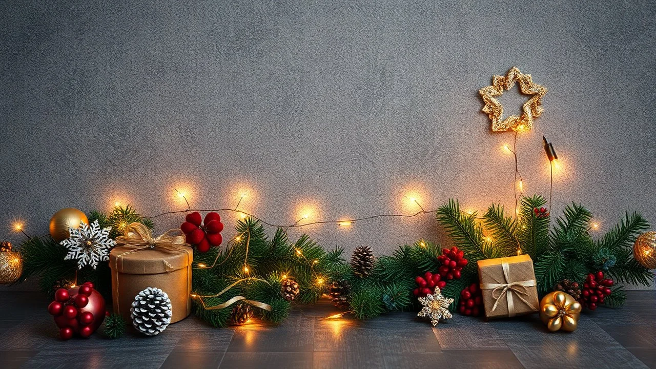 Hyper Realistic Photographic Centre Shot Of Christmas Decorations With Fairy Lights On A Grunge Rustic Textured Background.