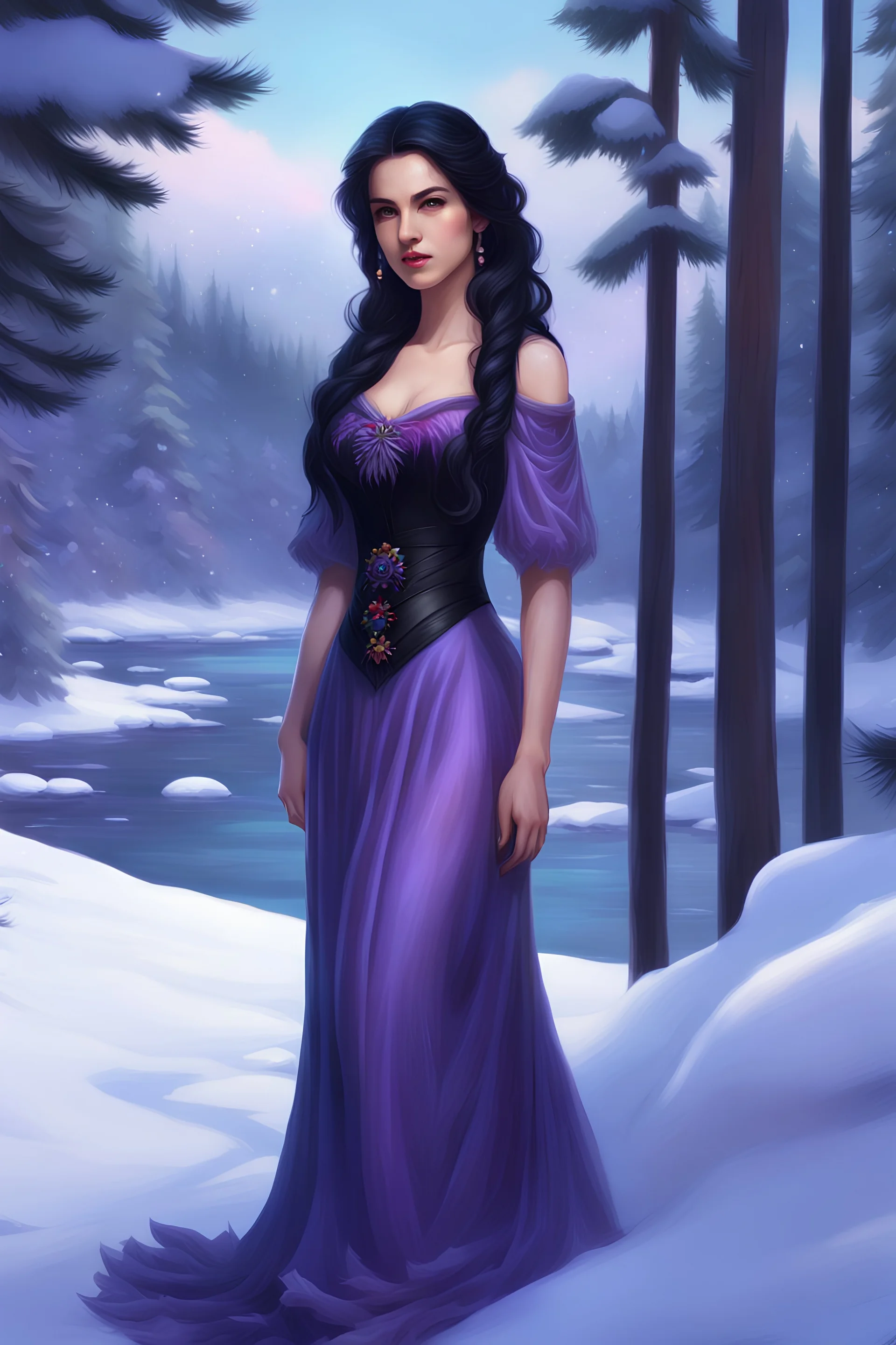 a pale woman with a highly detailed beautiful face, meticulously detailed multi-hued black hair and a purple dress stands by a snowy riverbank with pine trees in the background, it is snowing; digital painting, artstation, art by Lisa Frank, artgerm, Greg Rutkowski, William-Adolphe Bouguereau, renaissance, Unreal Engine 5