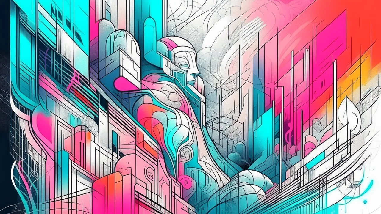 sketch lines, Street art fantastical vapor, a vibrant and dynamic blend of graffiti and surrealism, where colorful murals come to life in a dreamlike urban setting, monochromatic hue, minimalistic risograph duotone design effect, two color palette, veiled contrast, volumetric lighting,dimensional 3D illumination, pencil drawing