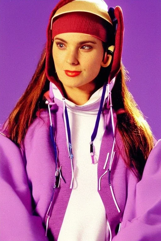 late 1990's women fashion.interesting hoodie with long tippet integrated to bolero -like attachement with pockets which goes up to a Hat with a visor with integrated headphones to it. Karjalainen kuvio, Karjala patterns. dress with strange cut. Colors: denim blue, blue, purple, khaki, "pastel light green", lilac, plum, orange, terracotta, red, pink, dark blue, beige. Women models. Starling pattern prints.Jennifer Lopez, Gwyneth Paltrow. intgrated bag. Big tennis shoes on. Cargo pants.