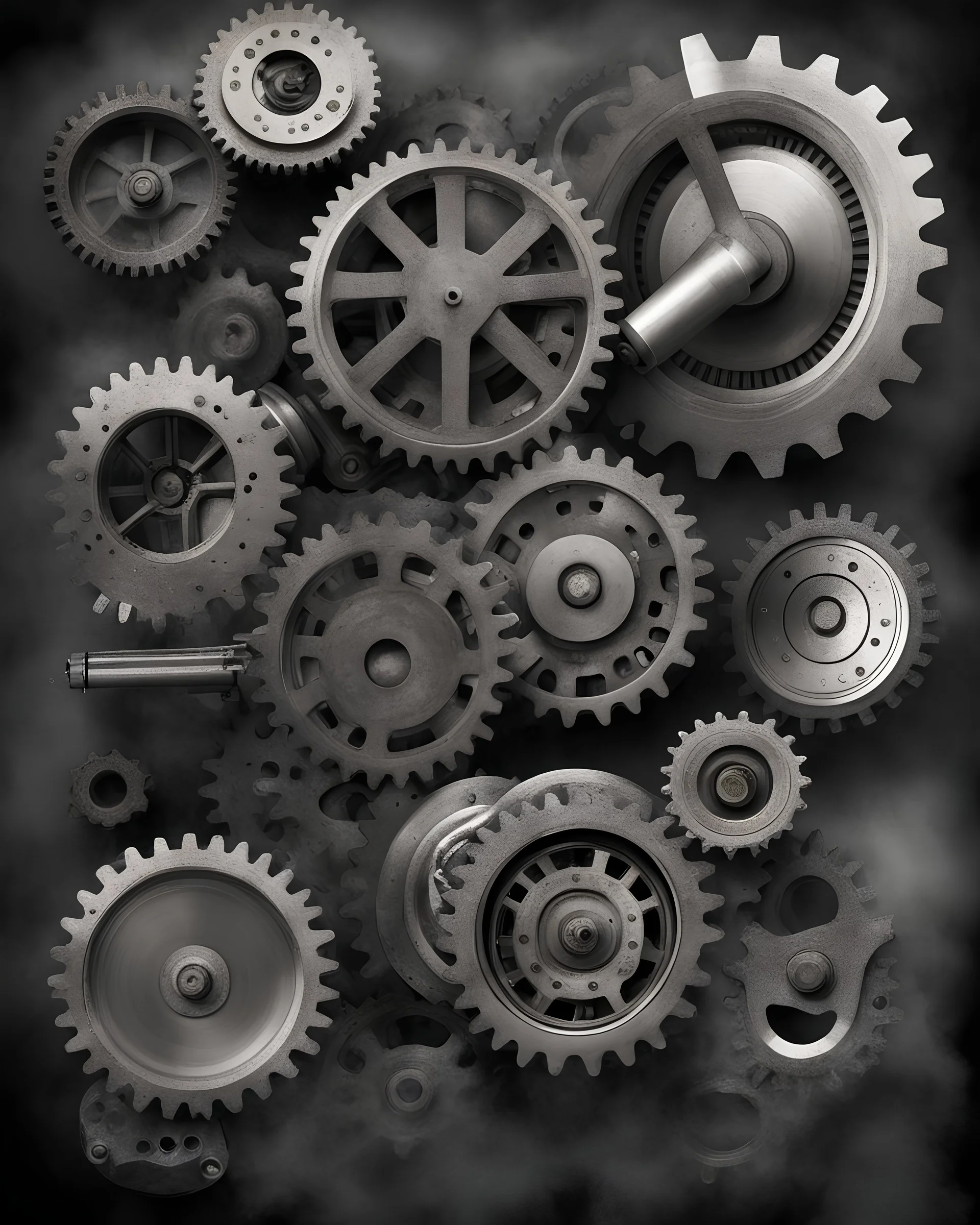 gears, gears, V-belts, pistons, maometers, smoke, steam