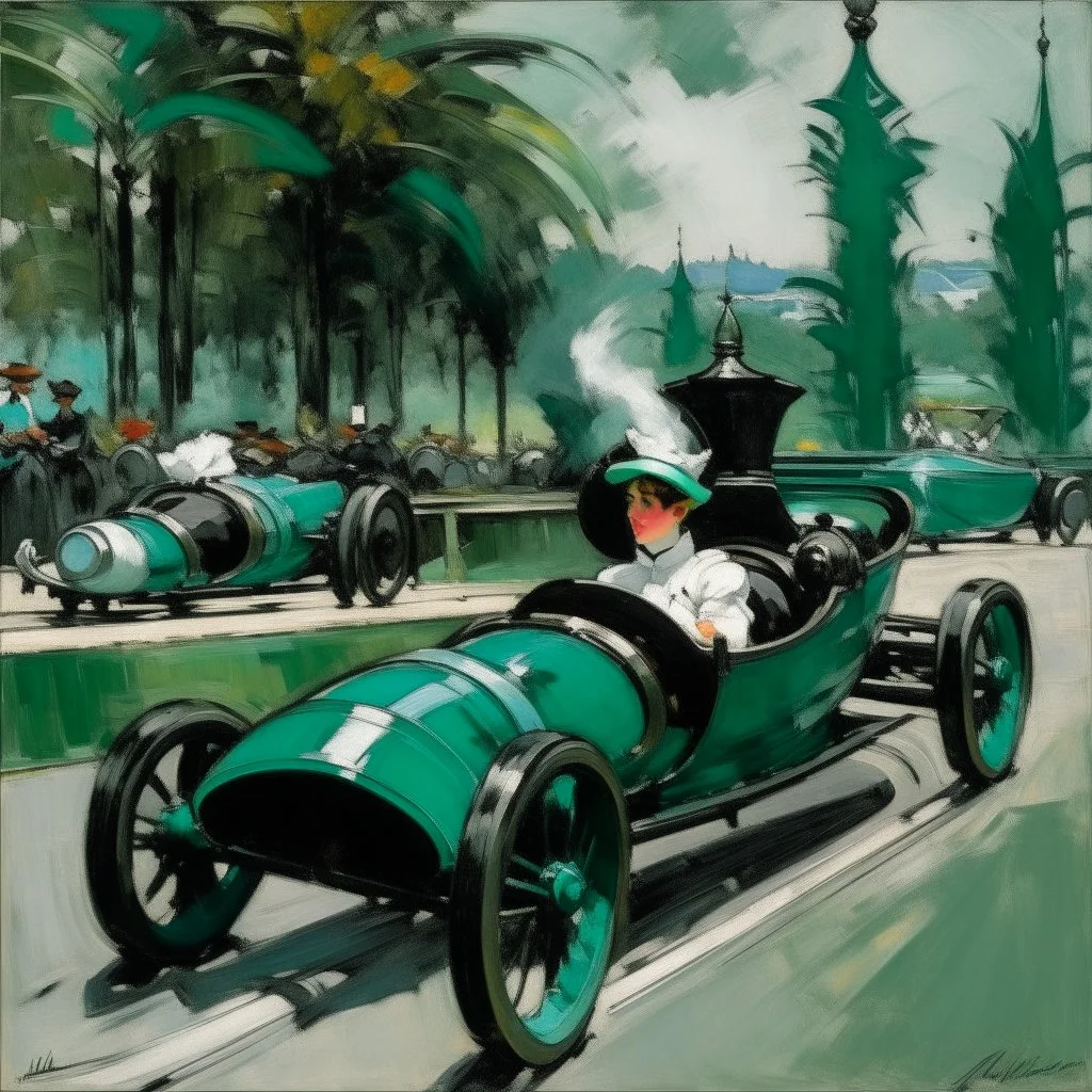 A blackish teal racecar theme park painted by Edouard Manet