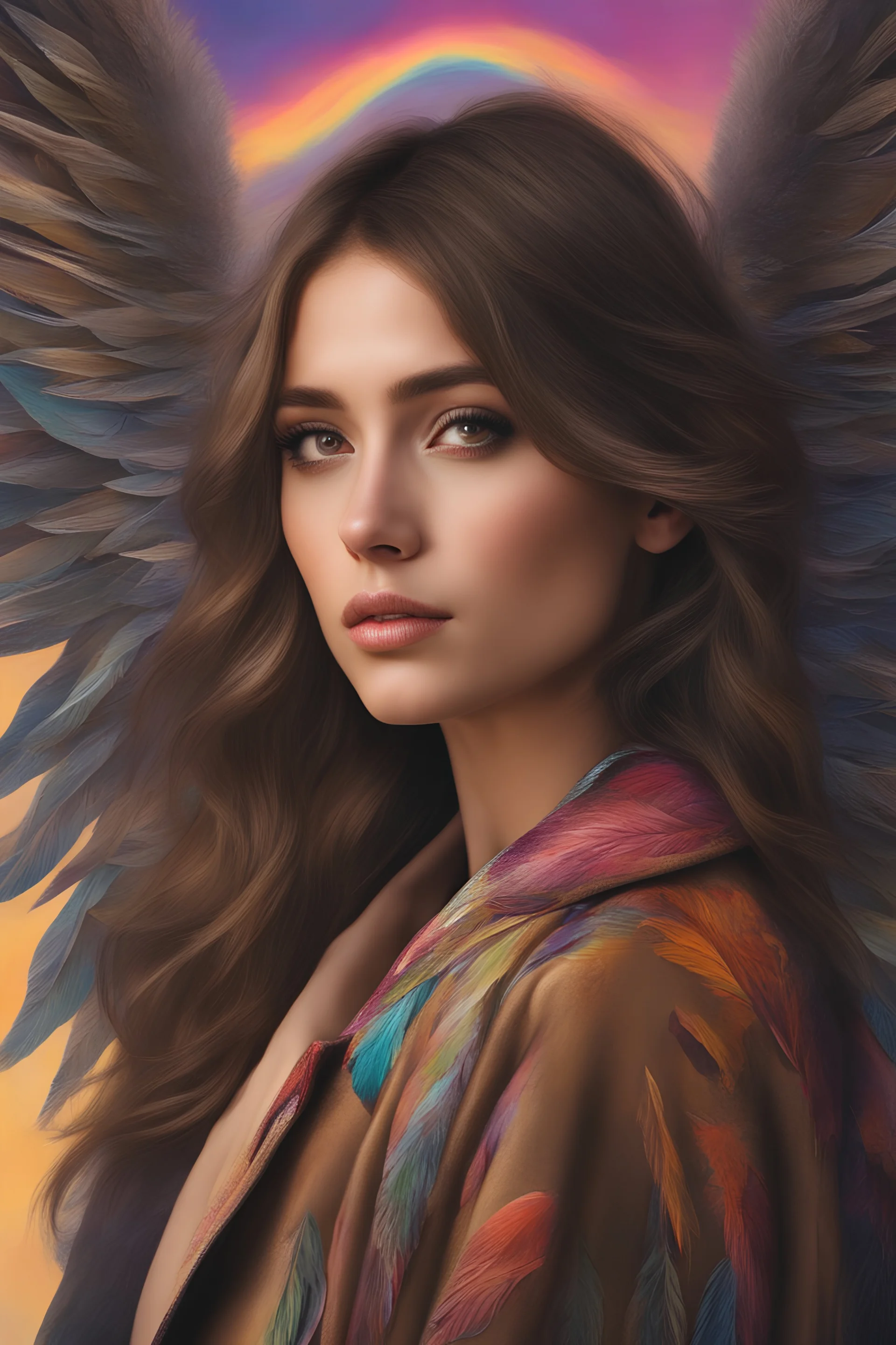 Young woman angel, lovely face, Dark brown eyes, elegant coat, ashen medium hair, colorful wings, outdoors, realism, dynamic lighting hyperdetailed intricately detailed photo triadic colors